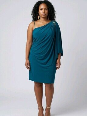 R&M Richards Teal One-Shoulder Embellished Cocktail Dress Size 12